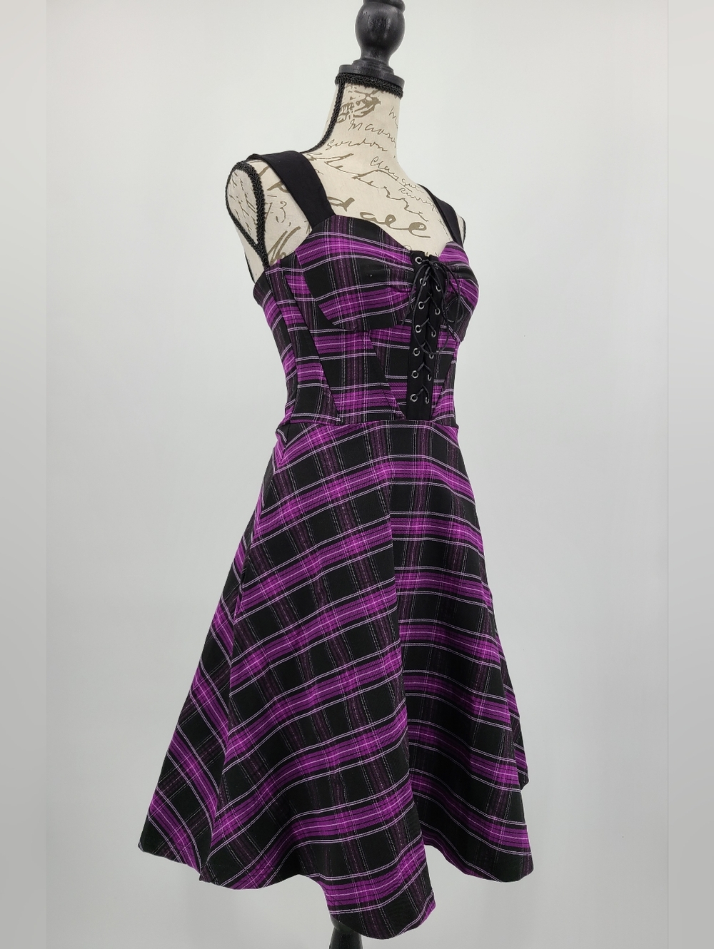 Unique Vintage Purple Plaid Corset Bust Fit And Flare Dress Size XS/2